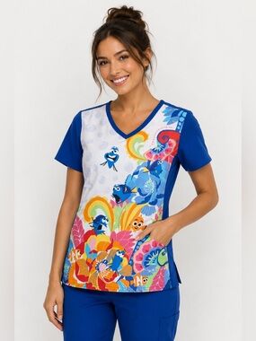Cherokee Tooniforms Disney Finding Dory Nemo V-Neck Scrub Top Women’s XS